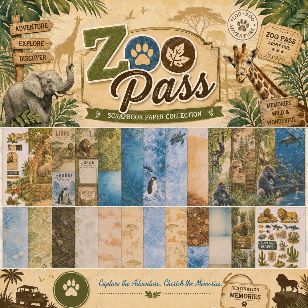 Watermarked preview of the Zoo Pass scrapbook paper collection